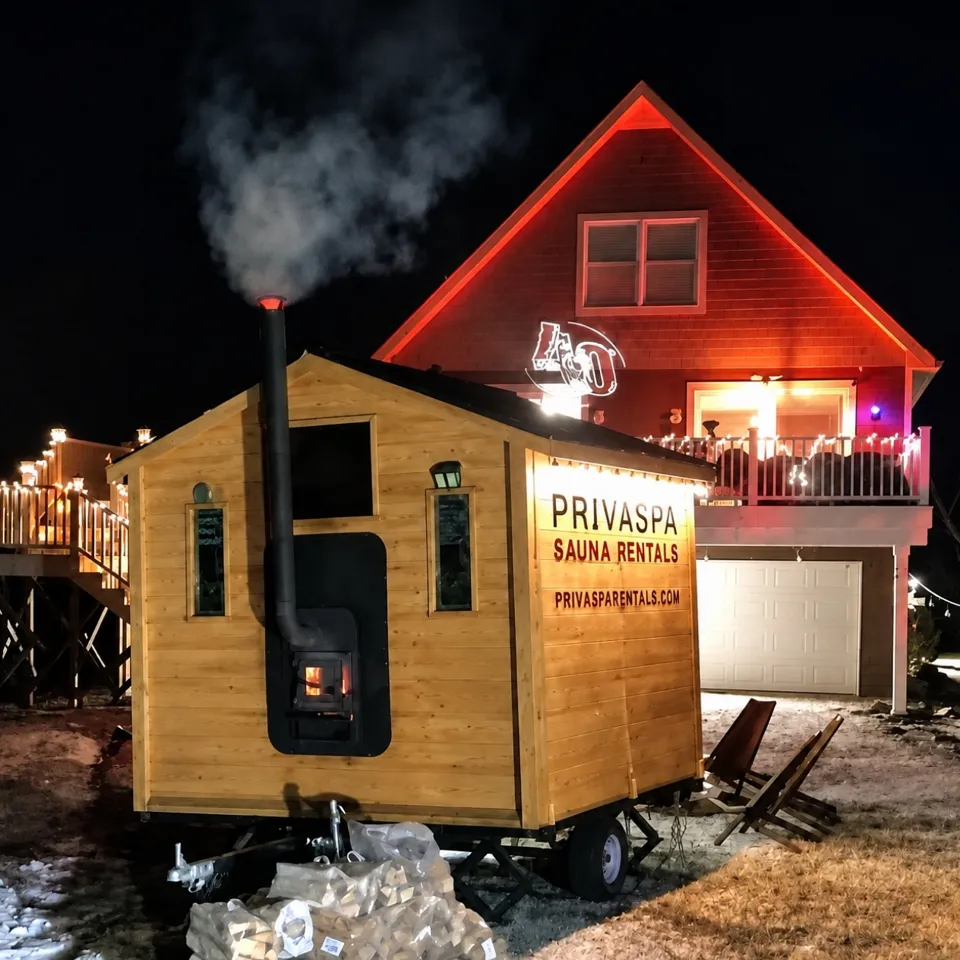 The Privaspa sauna at night, smoke rising from the chimney, a lit house behind it