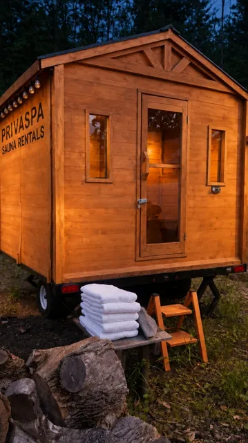 The Privaspa sauna trailer, PRIVASPA lettered on its side